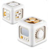 A white Montessori Busy Cube sensory activity toy with various buttons and features for toddlers.