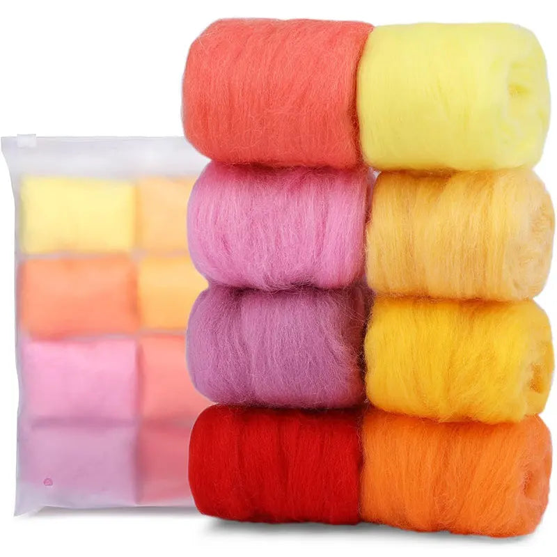 8-Color Wool Roving for Needle Felting – 100% Natural Fiber Craft Set