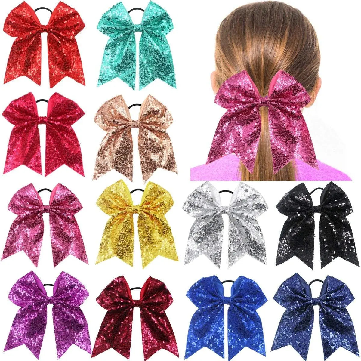 A collection of twelve glitter sequin hair bows in various colors and patterns for girls