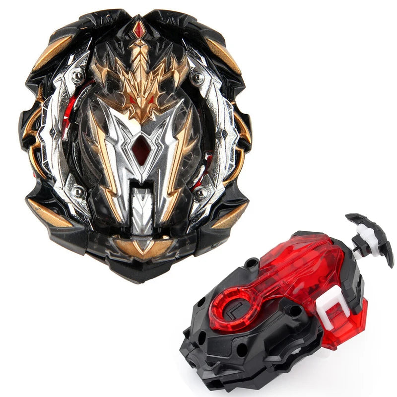 A black and silver metal spinning top battle set with a red string launcher.
