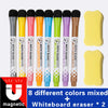 Eight different colored magnetic whiteboard erasers for markers