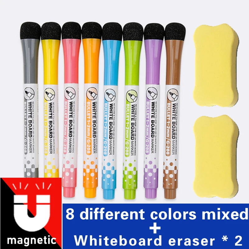 Eight different colored magnetic whiteboard erasers for markers