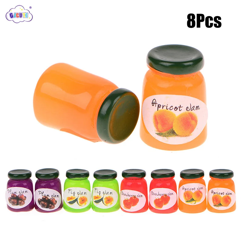 Set of 8 miniature ceramic jam jars in various fruit flavors like plum, fig, and apricot for dollhouse kitchens