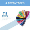 A collection of colorful PLA filament strands in various hues is displayed against a light blue background.