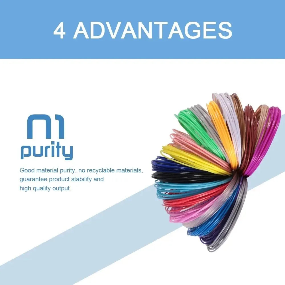 A collection of colorful PLA filament strands in various hues is displayed against a light blue background.