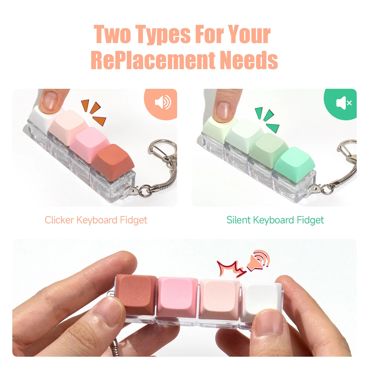 Tactile Keyboard Fidget Keychain with Silent and Click Modes