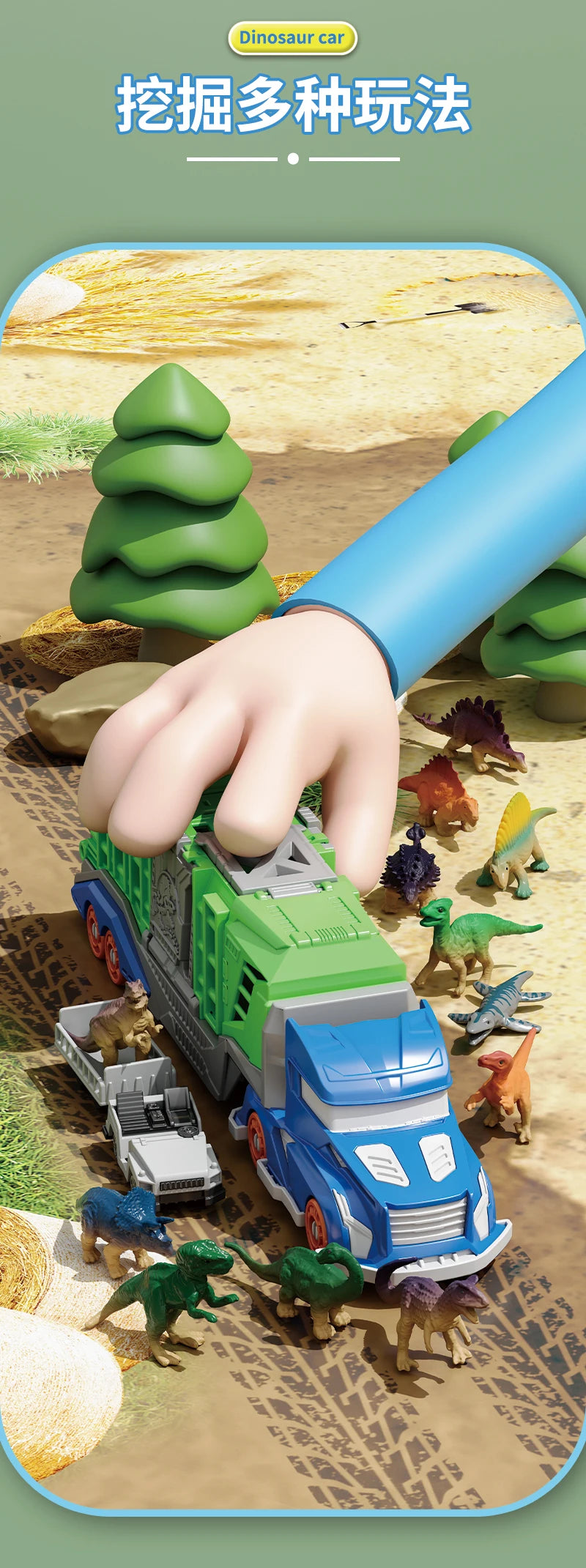 Dinosaur Transport Truck Playset with 12 Figures and 2 Mini Cars