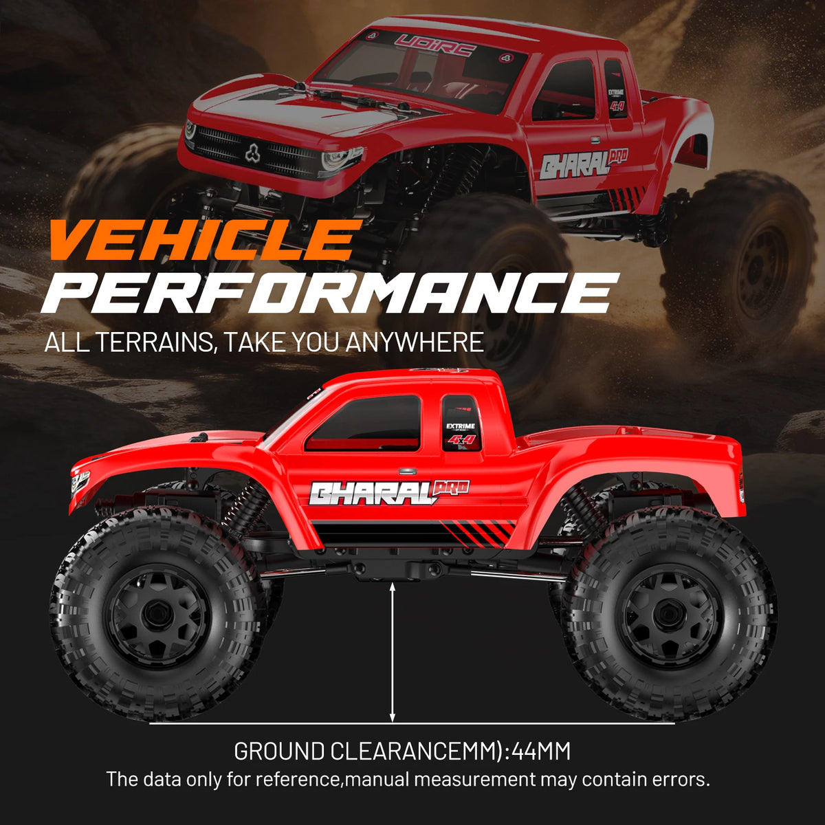 Red Choral Pro 1:18 scale RC rock crawler vehicle performance shot
