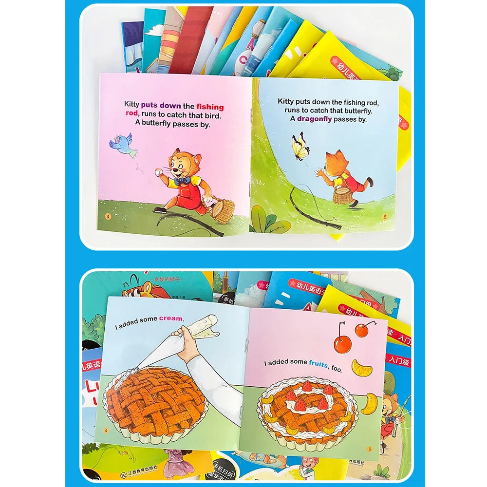 A set of four colorful pocket books for early learning featuring simple English words and illustrations.