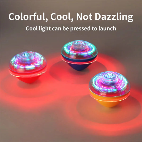 A colorful, cool light-up toy is shown with a red glow effect on a surface.