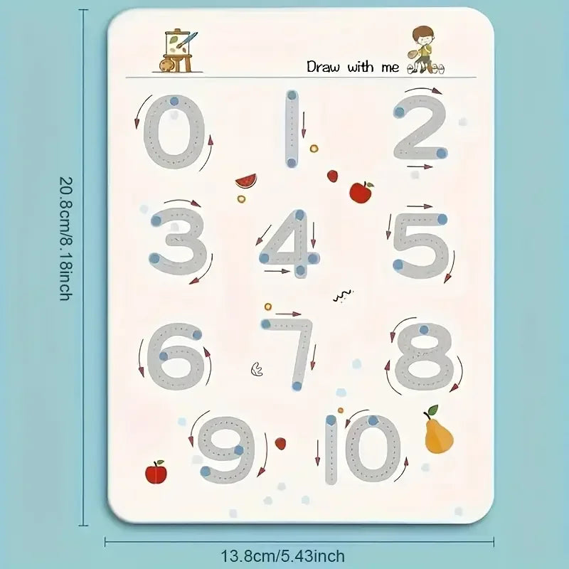 A page from a reusable magic drawing workbook showing numbers zero through ten with corresponding drawings.