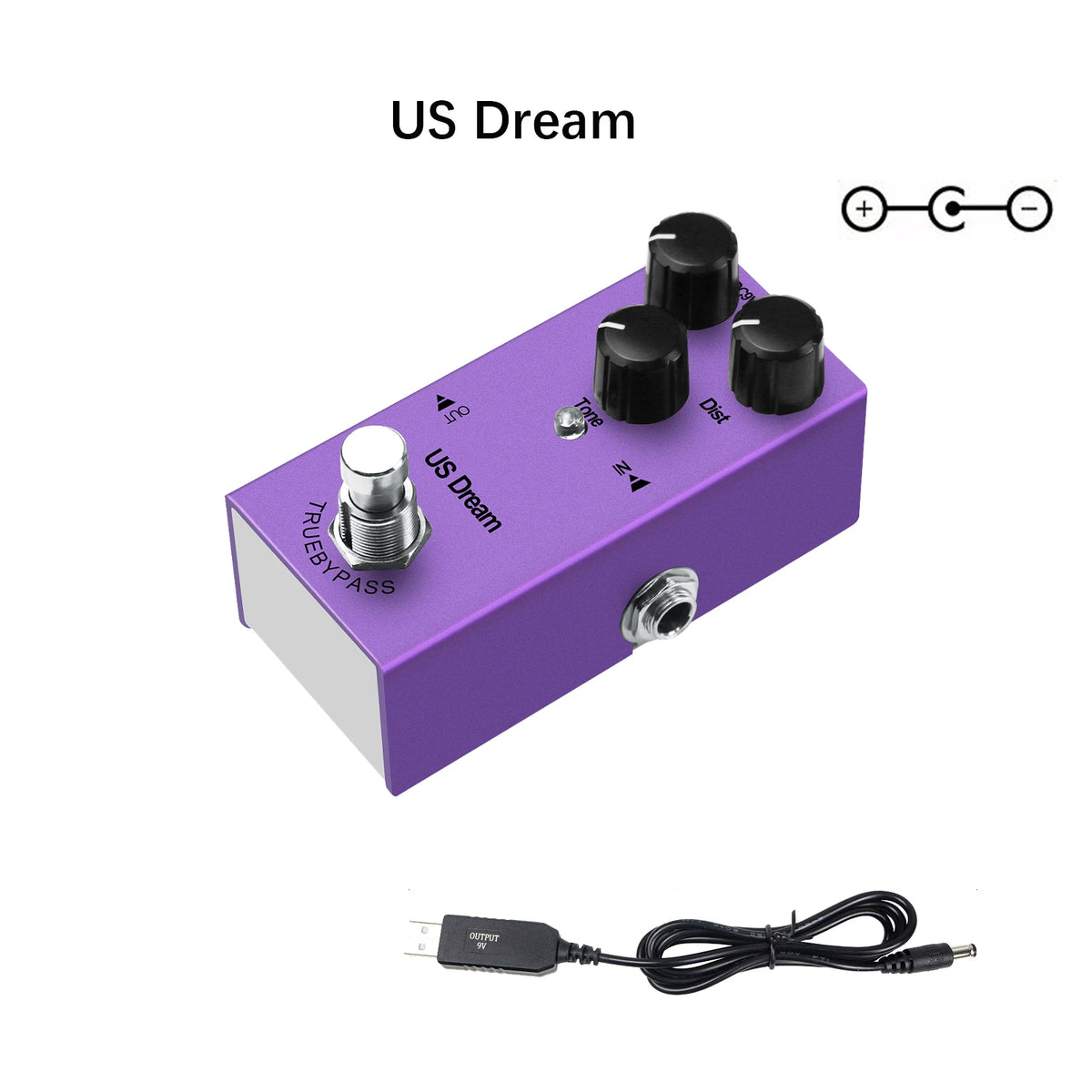 A purple US Dream multi-effects guitar pedal with three knobs and a jack output, shown next to its cable.