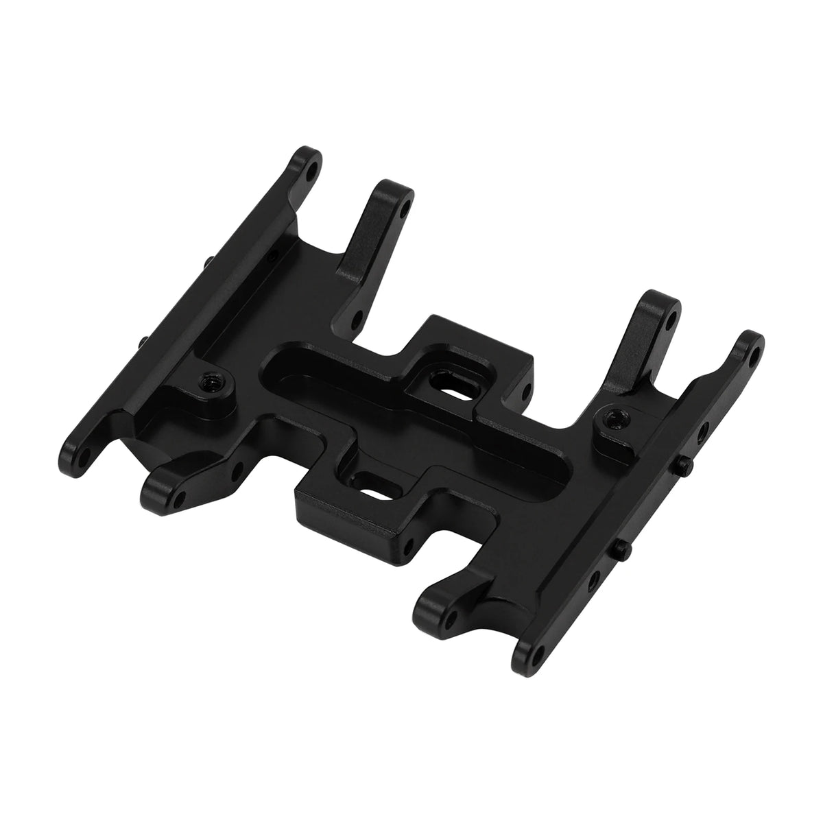 Black CNC aluminum skid plate designed for 1/24 RC crawler vehicles.
