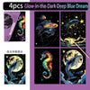Four glow-in-the-dark art pieces featuring a dolphin and a fish against a dark background.