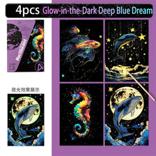 Four glow-in-the-dark art pieces featuring a dolphin and a fish against a dark background.