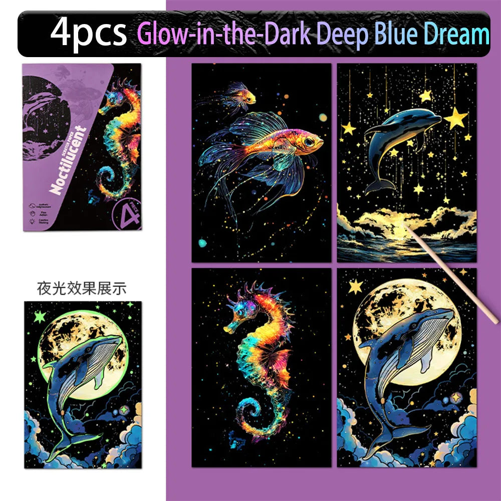 Four glow-in-the-dark art pieces featuring a dolphin and a fish against a dark background.