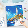 A hand paints a canvas with acrylic paints and brushes for a DIY paint by numbers kit.