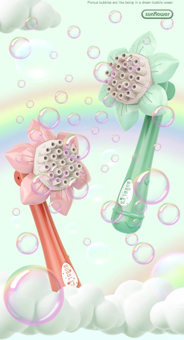 A pink and green sunflower bubble maker toy with a flower head and a tube, surrounded by iridescent bubbles.
