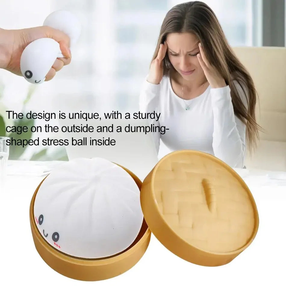 A white squishy ball is shown being squeezed by a hand, with an open yellow container nearby.