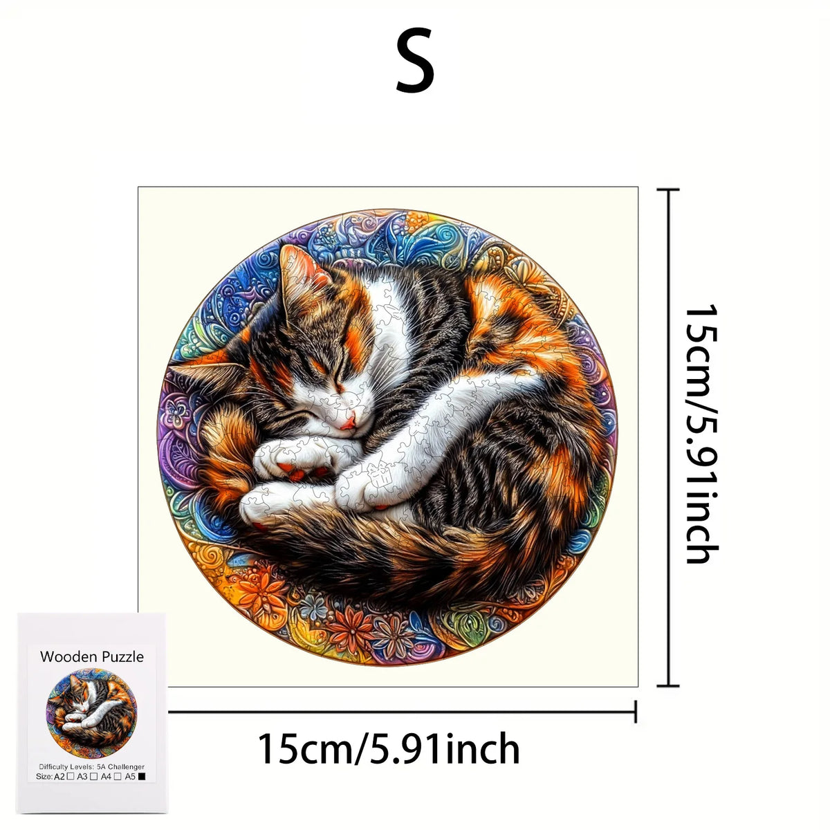 A black and orange tabby cat puzzle featuring detailed fur texture and colorful background patterns.