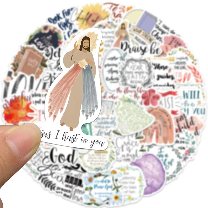 A collection of aesthetic Jesus Bible stickers featuring a figure in flowing robes and inspirational text.