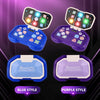 A set of blue and purple rhythm tap game consoles for hand-eye coordination featuring various colored buttons and lights.