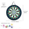 A circular dartboard with a target design and six colored balls shown next to it.