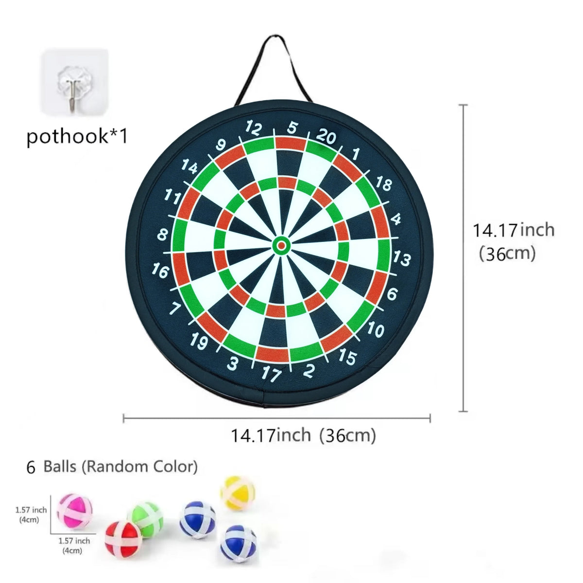 A circular dartboard with a target design and six colored balls shown next to it.