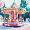 A painting of a whimsical holiday scene featuring an ornate, colorful gazebo decorated with flowers and horses in a snowy lan