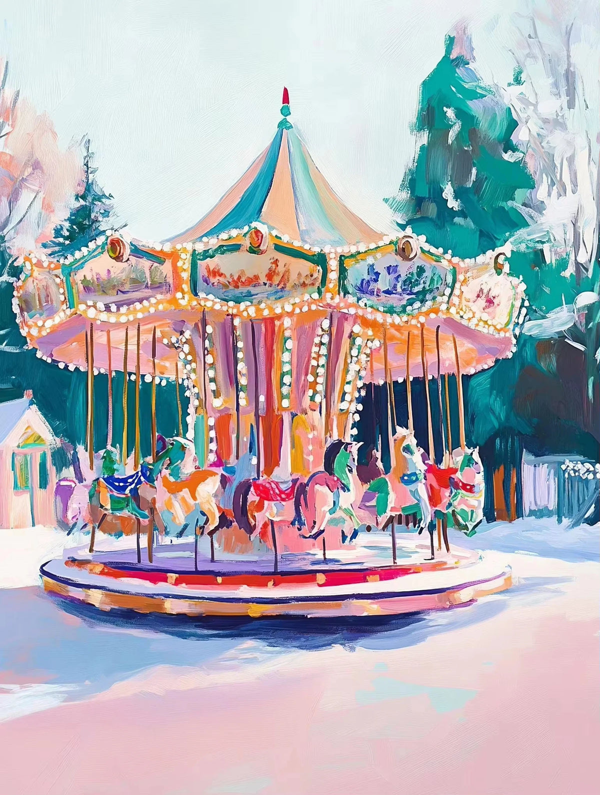 A painting of a whimsical holiday scene featuring an ornate, colorful gazebo decorated with flowers and horses in a snowy lan