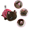 A brown plush cat doll with pink ears and a pink food accessory, shown in various close-up views.