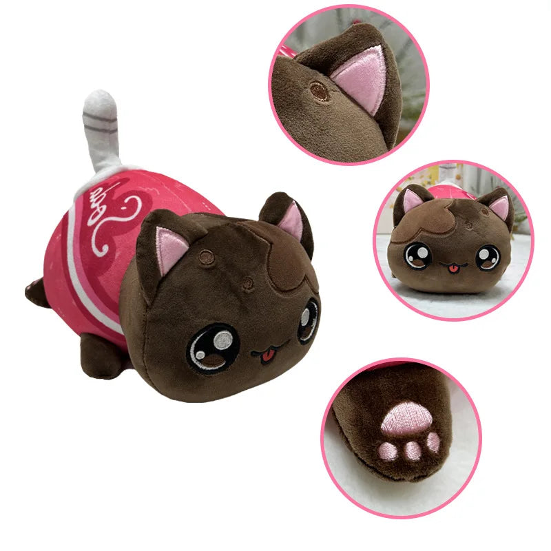 A brown plush cat doll with pink ears and a pink food accessory, shown in various close-up views.