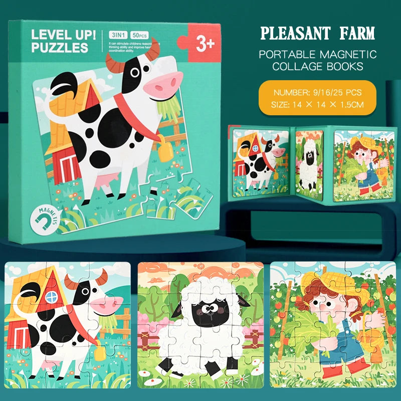 A box of magnetic jigsaw puzzles featuring farm animals, fruit, and traffic scenes for children.