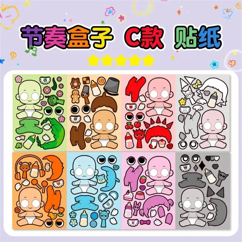 A colorful sticker puzzle set featuring various cute face and body parts for children.