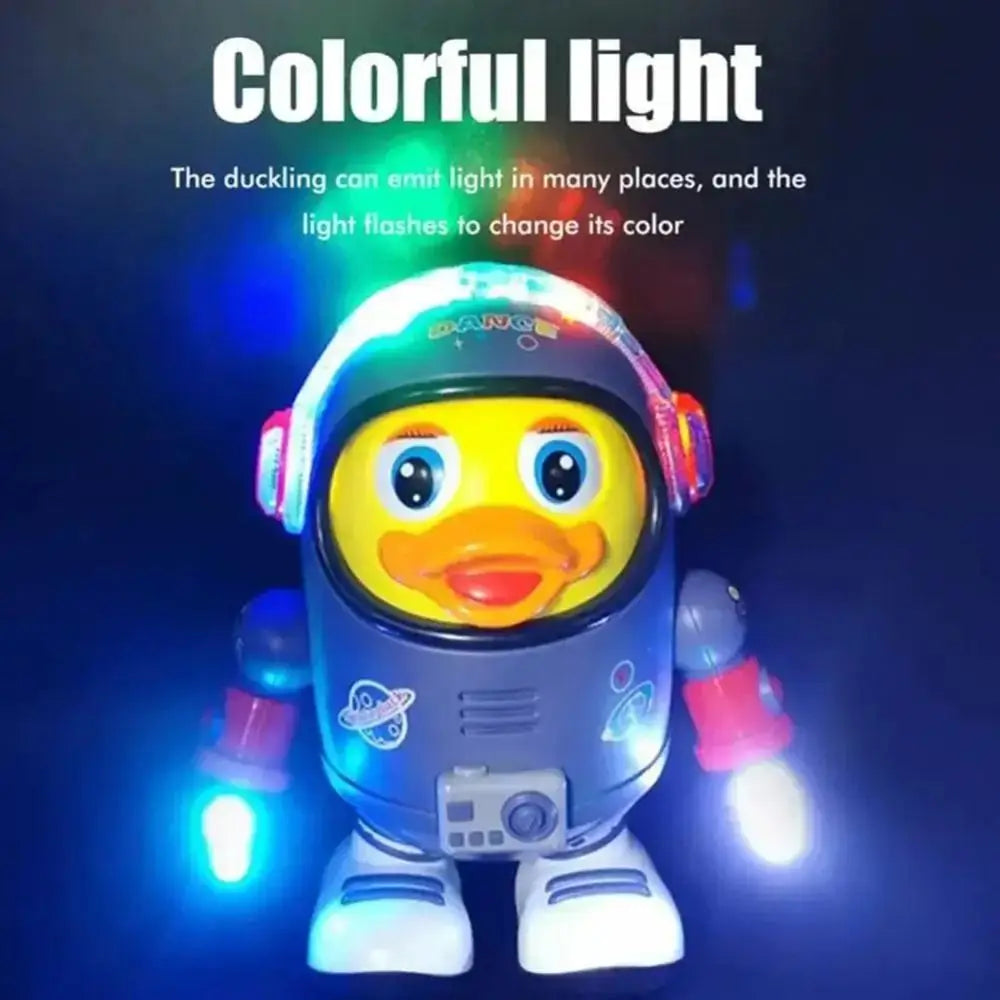 A yellow duck-shaped robot emitting colorful light and flashing lights.