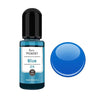 A small glass bottle of blue resin pigment with a black cap next to a round blue pigment bead.