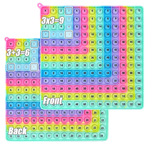 Set farbenfroher Holztafeln für Multiplikations- und Additionsspiele, z.B. 3x3=9 und 3+3=6.