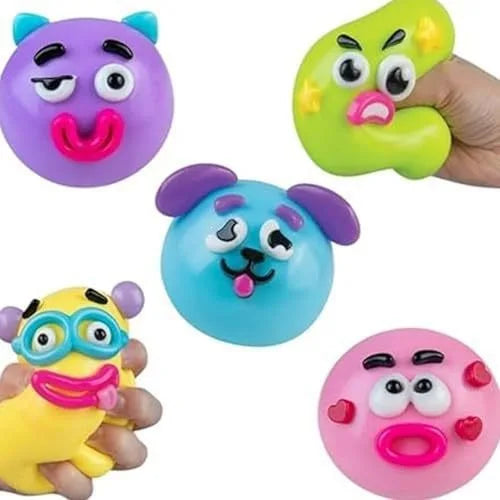 Collection de jouets anti-stress en forme de visage de chien et de monstre colorés.