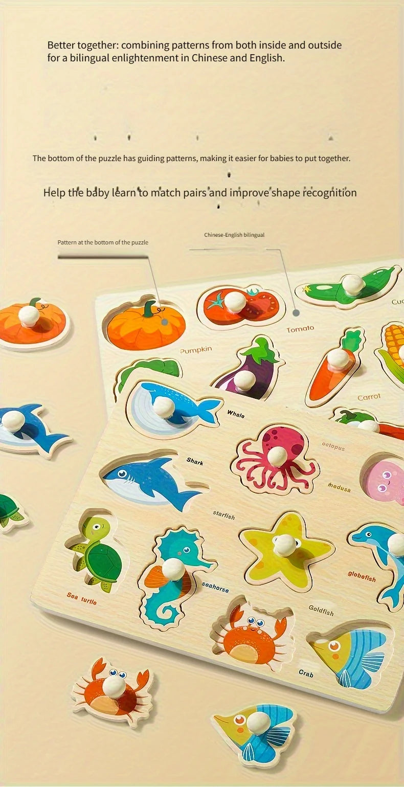 A wooden shape matching puzzle board featuring various fruits, animals, and sea creatures for bilingual early learning.