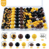 A plastic box containing 117 mixed beads and rhinestones for jewelry making, including various colored and sized round beads.