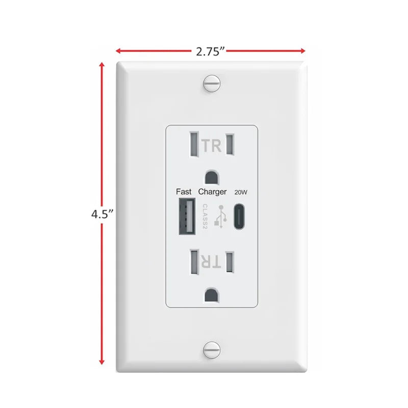 A white wall outlet sticker with a TR plug and a fast charger port.