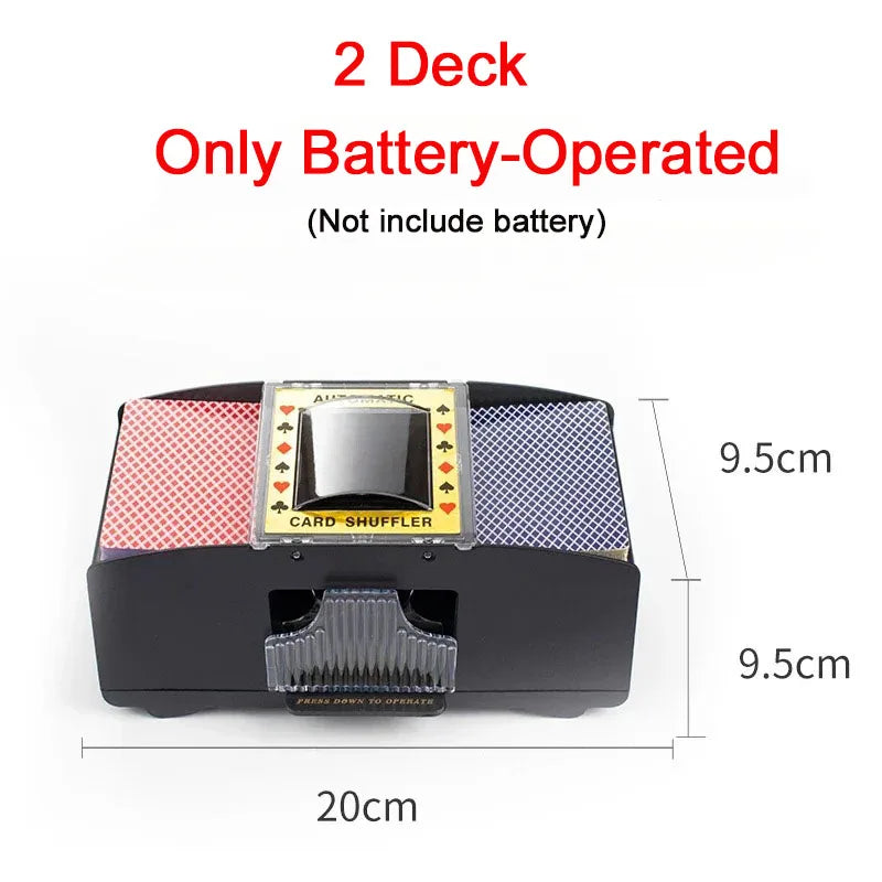 A black automatic card shuffler device with a clear window and decorative card inserts shown from the top view.