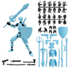 A blue magnetic multi-jointed action figure building set with various weapons and accessories displayed on a stand.