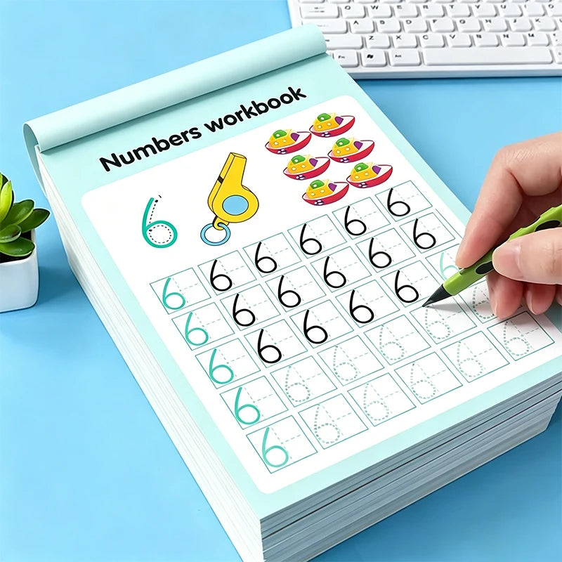 A hand is writing in a numbers workbook with tracing lines and colorful number icons on a light blue background.