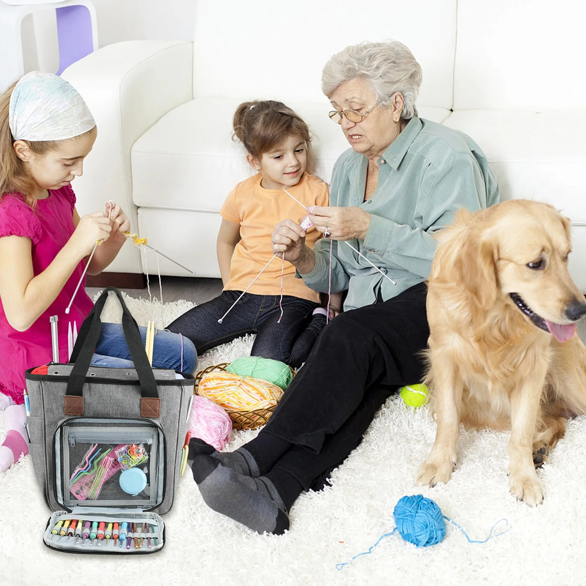 A woman and a dog are sitting on a couch with a canvas knitting tote bag and yarn storage visible.