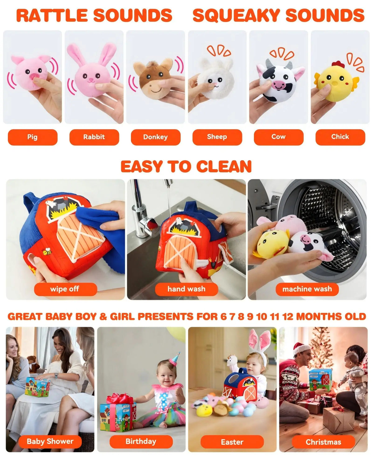 Soft Plush Farm Animal Sensory Toy Set with Sounds for Babies 6-12 Months