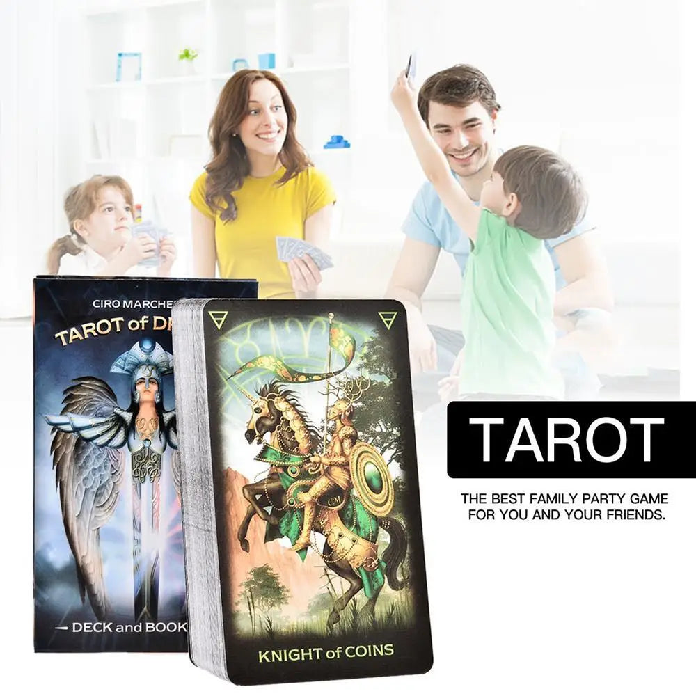 A box of the Dreams Tarot Deck complete 78-card set for divination and party play featuring a Knight of Coins card.