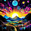 Vibrant paint by numbers art depicting a landscape with a bright sun and mountains under a starry night sky.