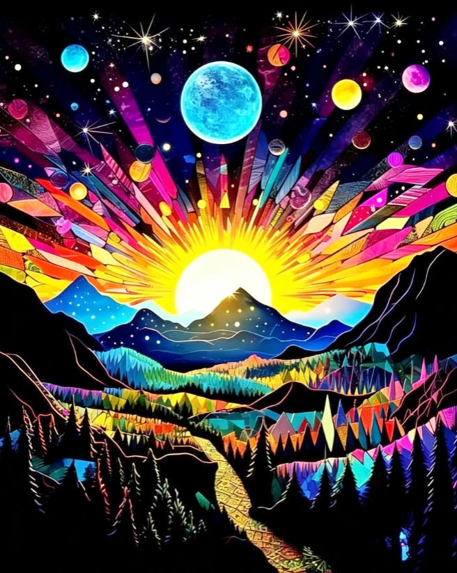 Vibrant paint by numbers art depicting a landscape with a bright sun and mountains under a starry night sky.