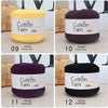 Twelve spools of 100% cotton yarn in various colors including yellow, coffee, violet, and black.